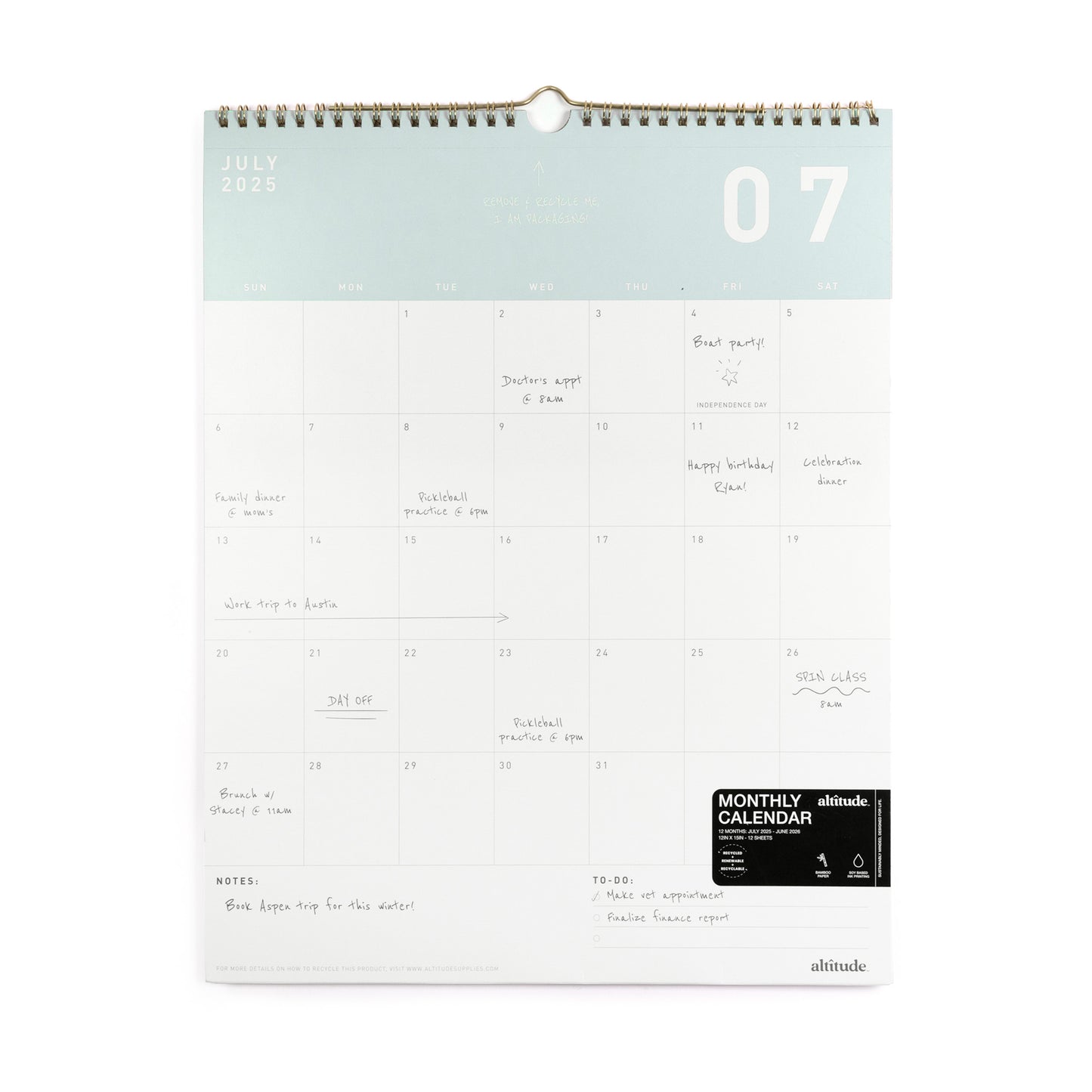 2025-2026 Academic Year Monthly Wall Calendar 12"x15" Seafoam Blue: July 2025 to June 2026