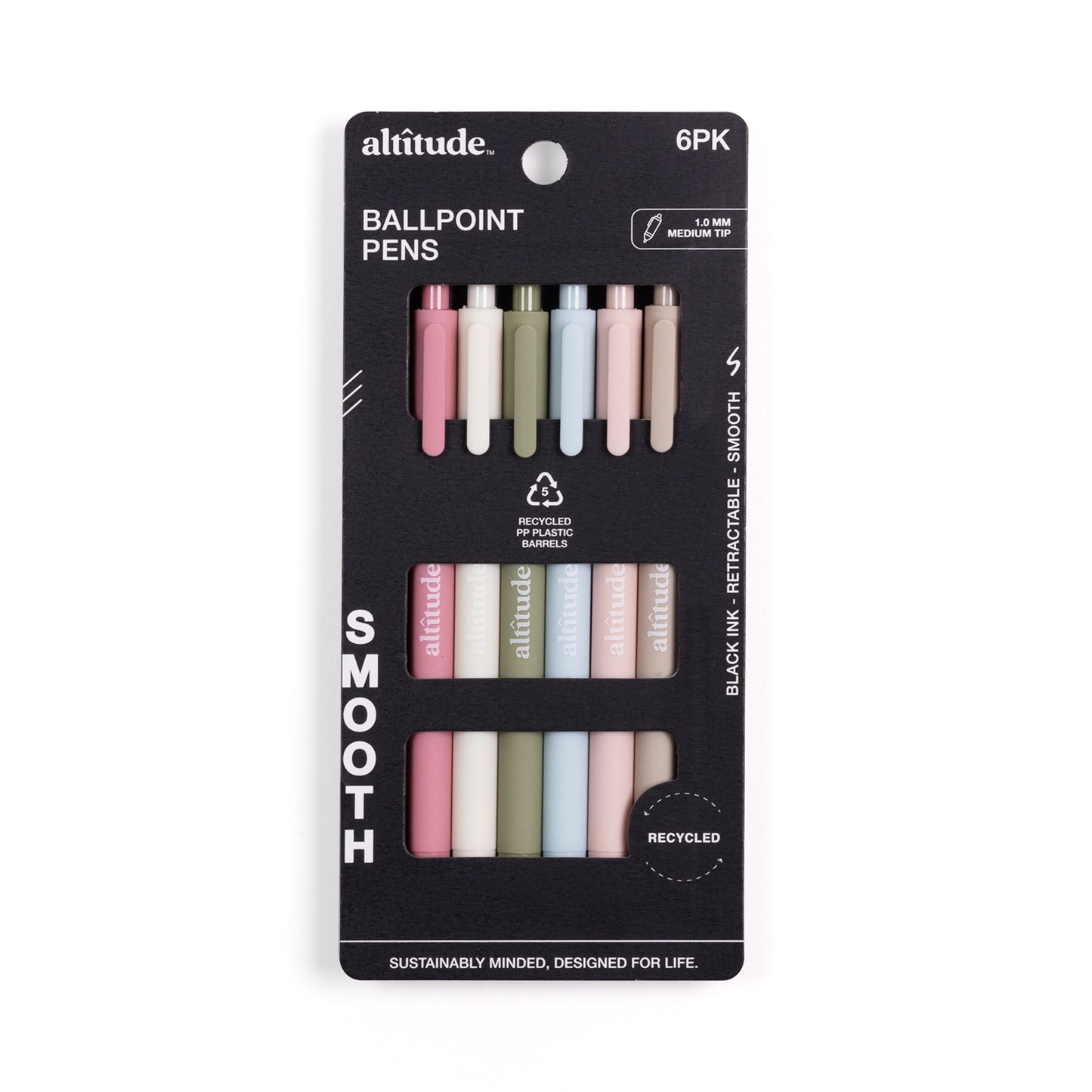 6pk Retractable Ballpoint Pens 1.0mm Black Ink Eucalyptus