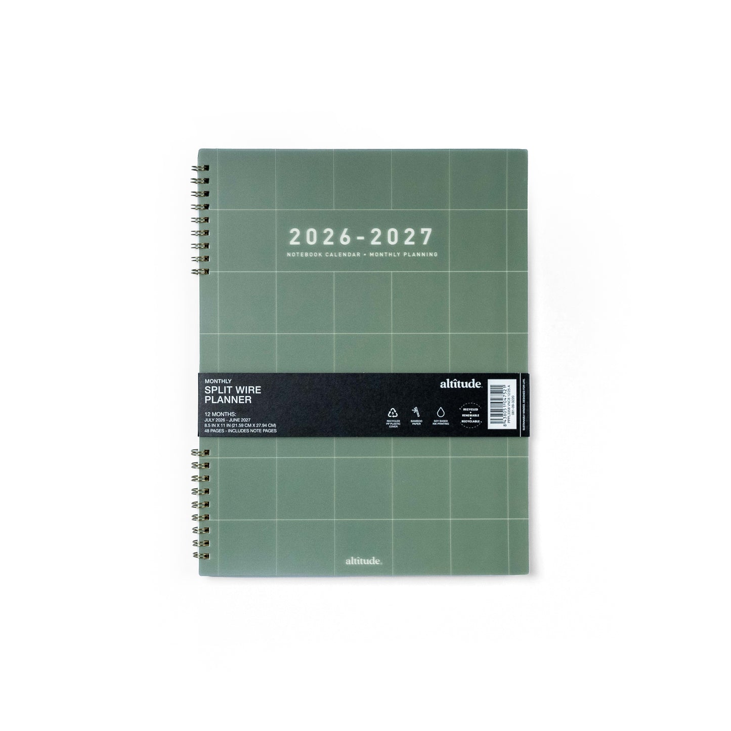 12 Month 2026-2027 8.5"x 11" Monthly Planner - Dark Sage
